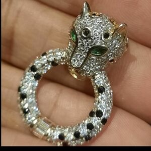 GENUINE 14K YELLOW GOLD/STERLING SILVER Designer PANTHER Diamond Emerald Pendant